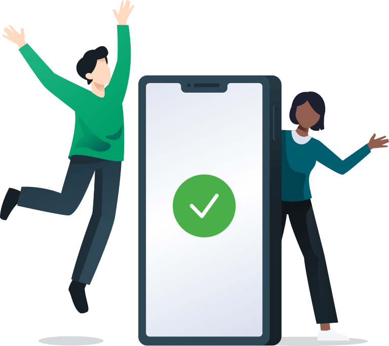 Zwei Menschen springen freudig um ihr riesiges Smartphone herum und lassen eine vertrauenswürdige App laufen