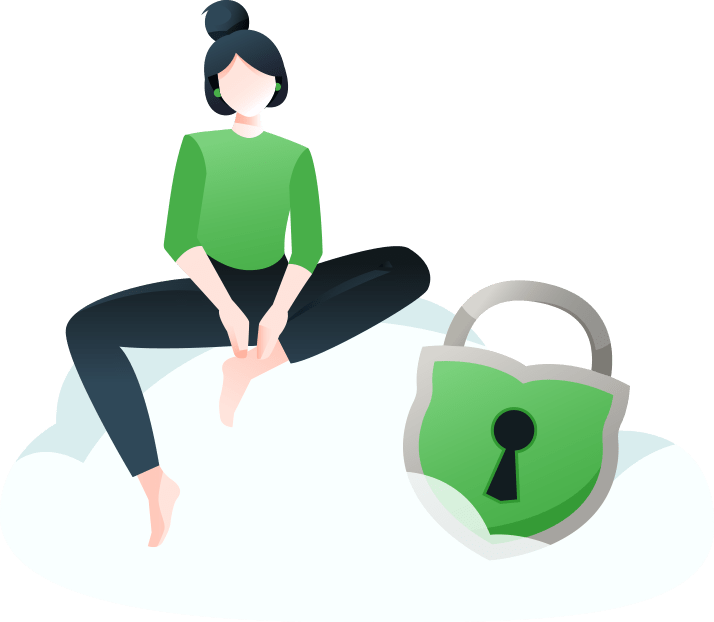 Entspannte Frau auf einer Wolke, die durch ein Schloss gesichert ist