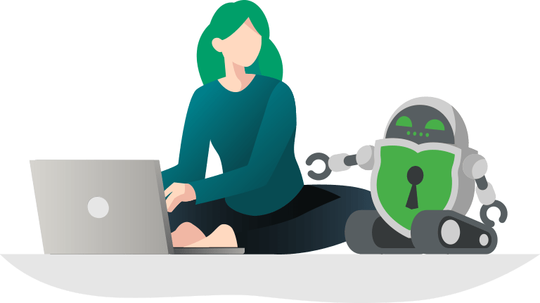 Person, die vor einem Laptop sitzt, während Cryptobot neben der Person auf den Laptop zeigt